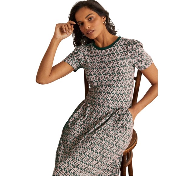 Boden Womens Midi Dress Pink Green Leaf Print Lucinda Size 8R - Picture 2 of 10